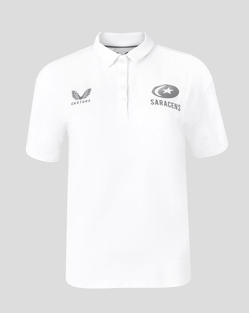 White Saracens polo shirt with Castore logo on left chest and Saracens branding on right chest