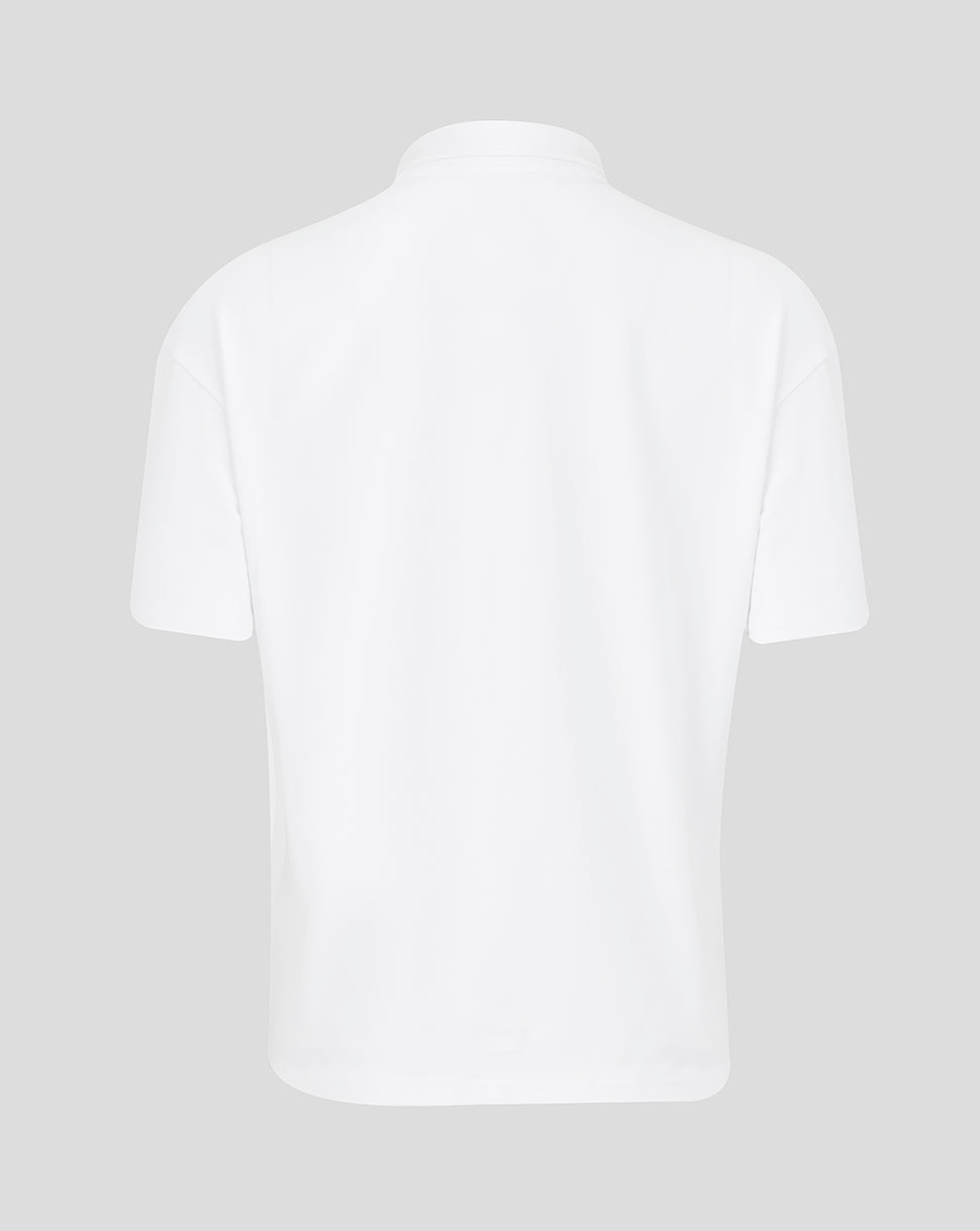 Back view of white Saracens travel short sleeve polo