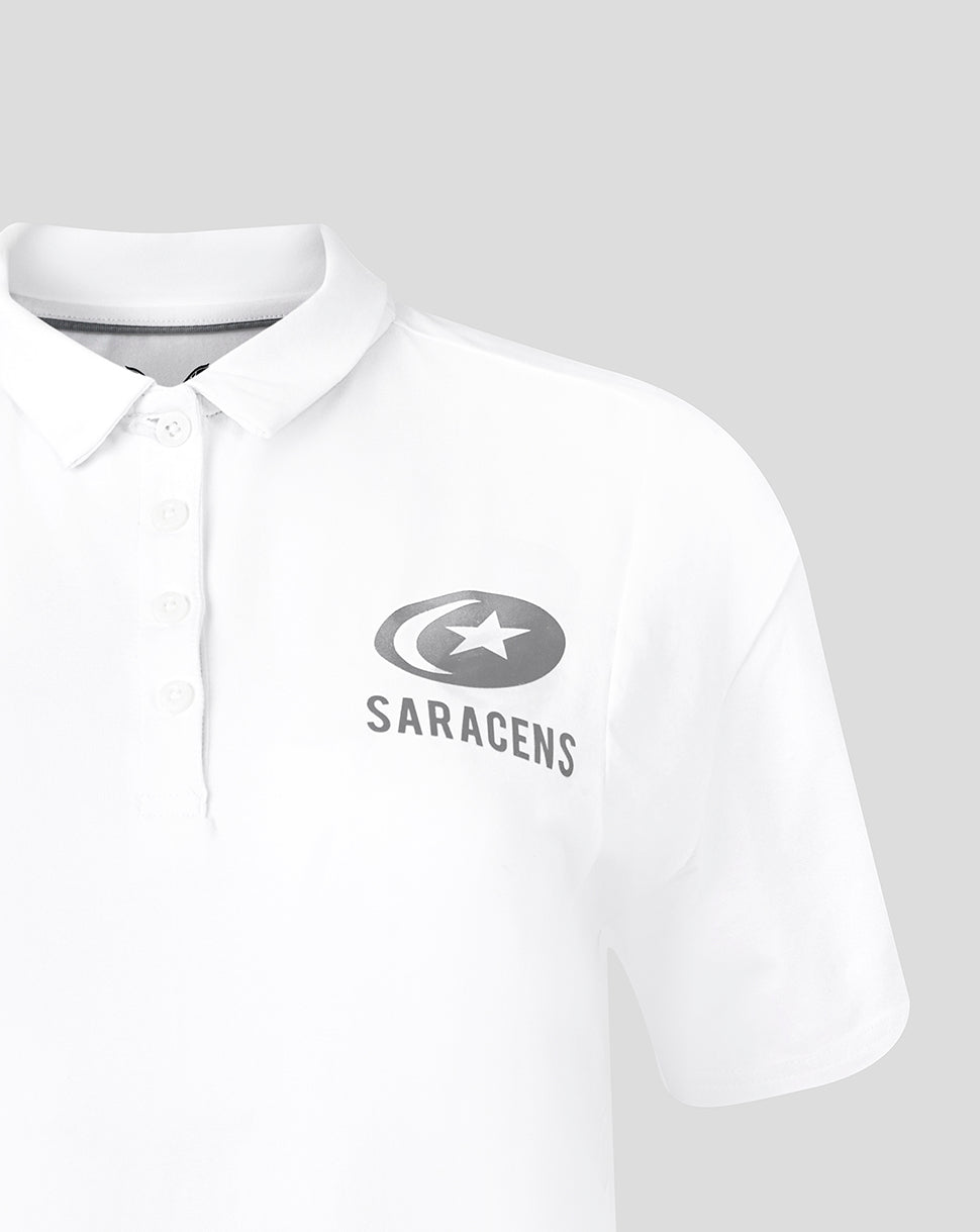 White travel polo with grey Saracens crest and star emblem on left chest