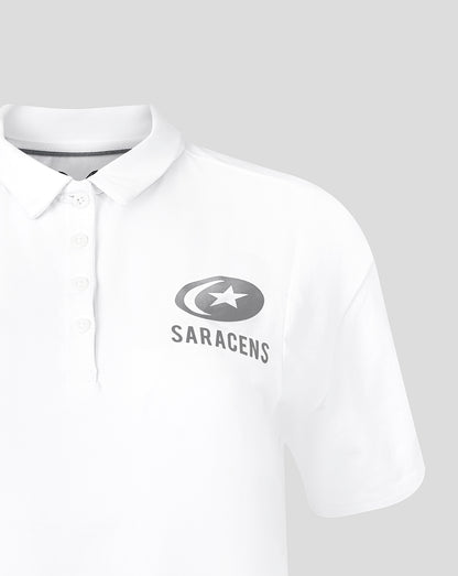 White travel polo with grey Saracens crest and star emblem on left chest
