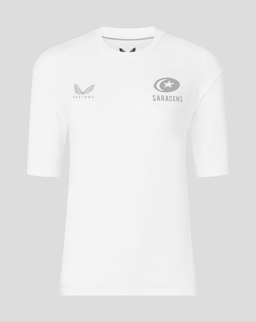 White short sleeve tee with Castore wing logo on left chest and Saracens crest on right chest