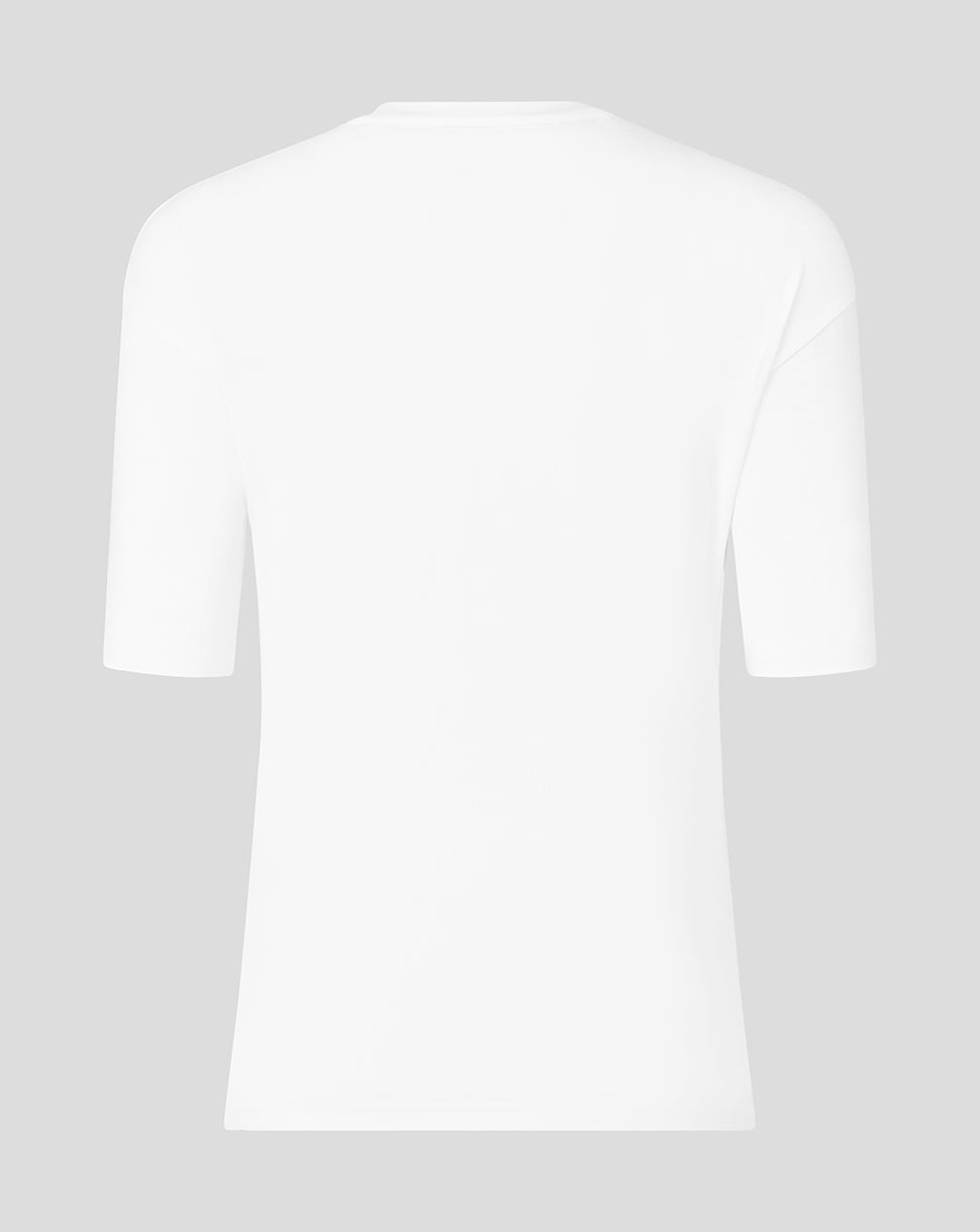 Back view of a plain white Saracens Travel Short Sleeve Tee with a minimal silhouette.