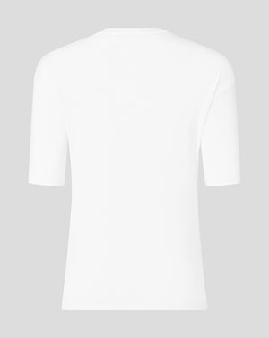 Back view of a plain white Saracens Travel Short Sleeve Tee with a minimal silhouette.