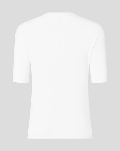 Back view of a plain white Saracens Travel Short Sleeve Tee with a minimal silhouette.