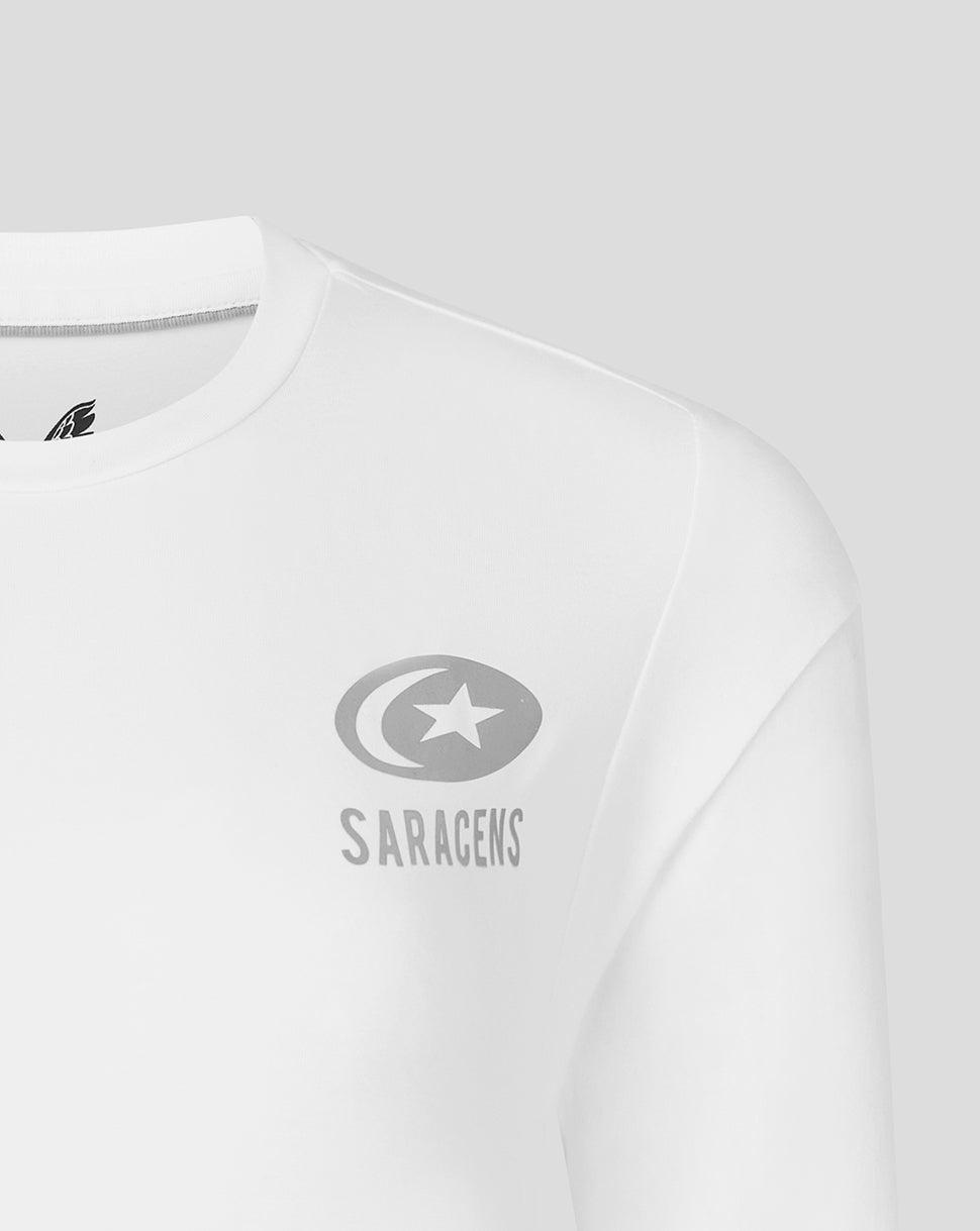 Left chest logo of Saracens on white Travel Short Sleeve Tee featuring circular crest and star.