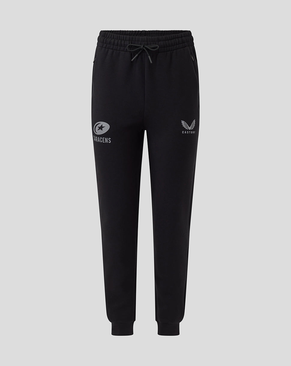 Black women's travel knit pants with drawstring waist side pockets and Saracens logo on the thigh