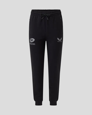 Black women's travel knit pants with drawstring waist side pockets and Saracens logo on the thigh
