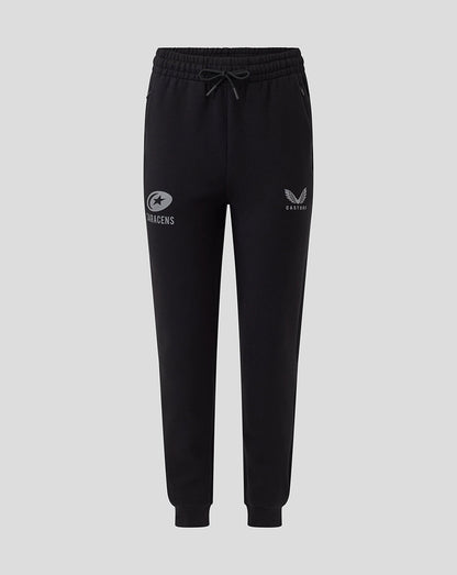 Black women's travel knit pants with drawstring waist side pockets and Saracens logo on the thigh