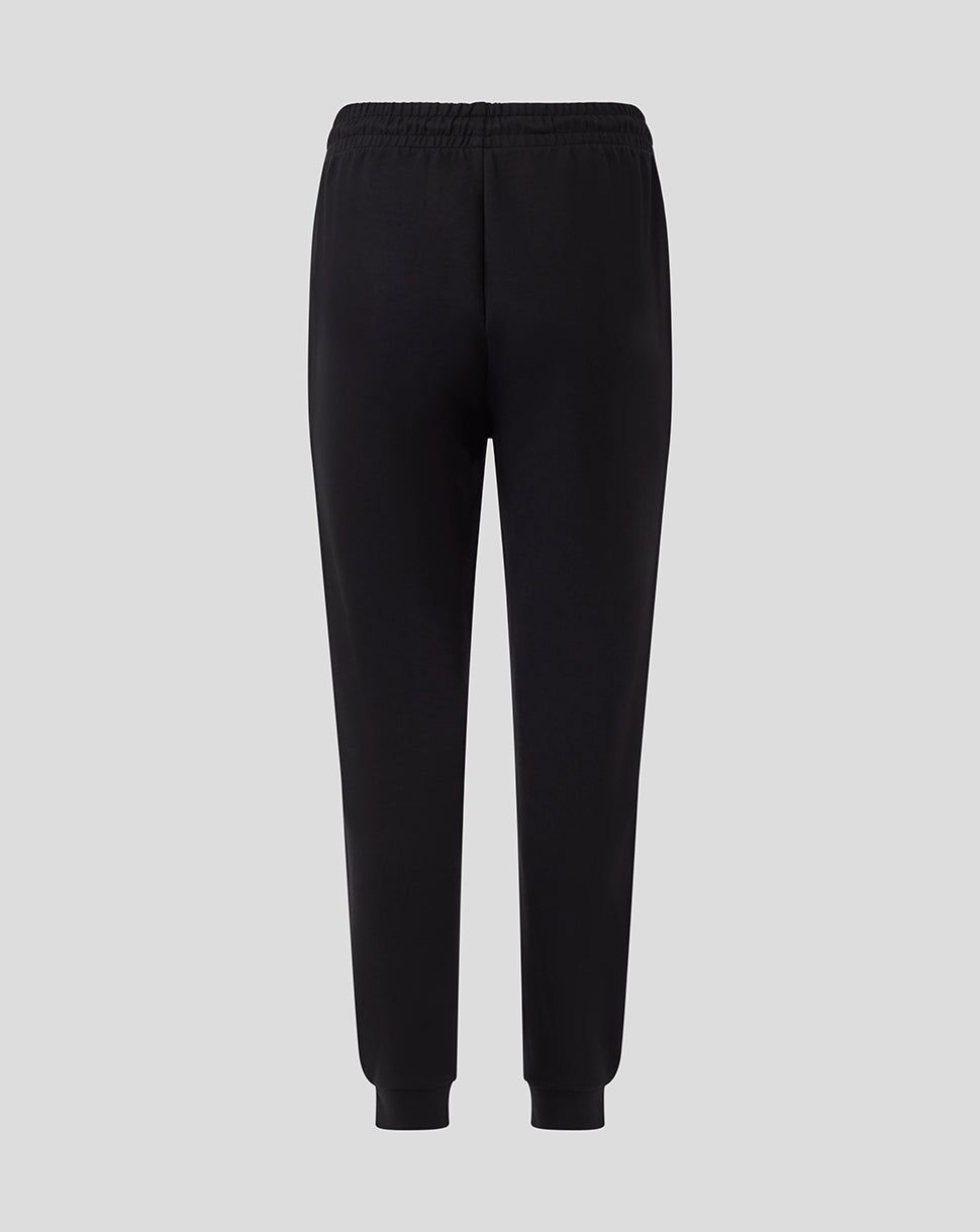 Saracens women's black travel knit pants pull-on with elastic waist and cuffed ankles, front view
