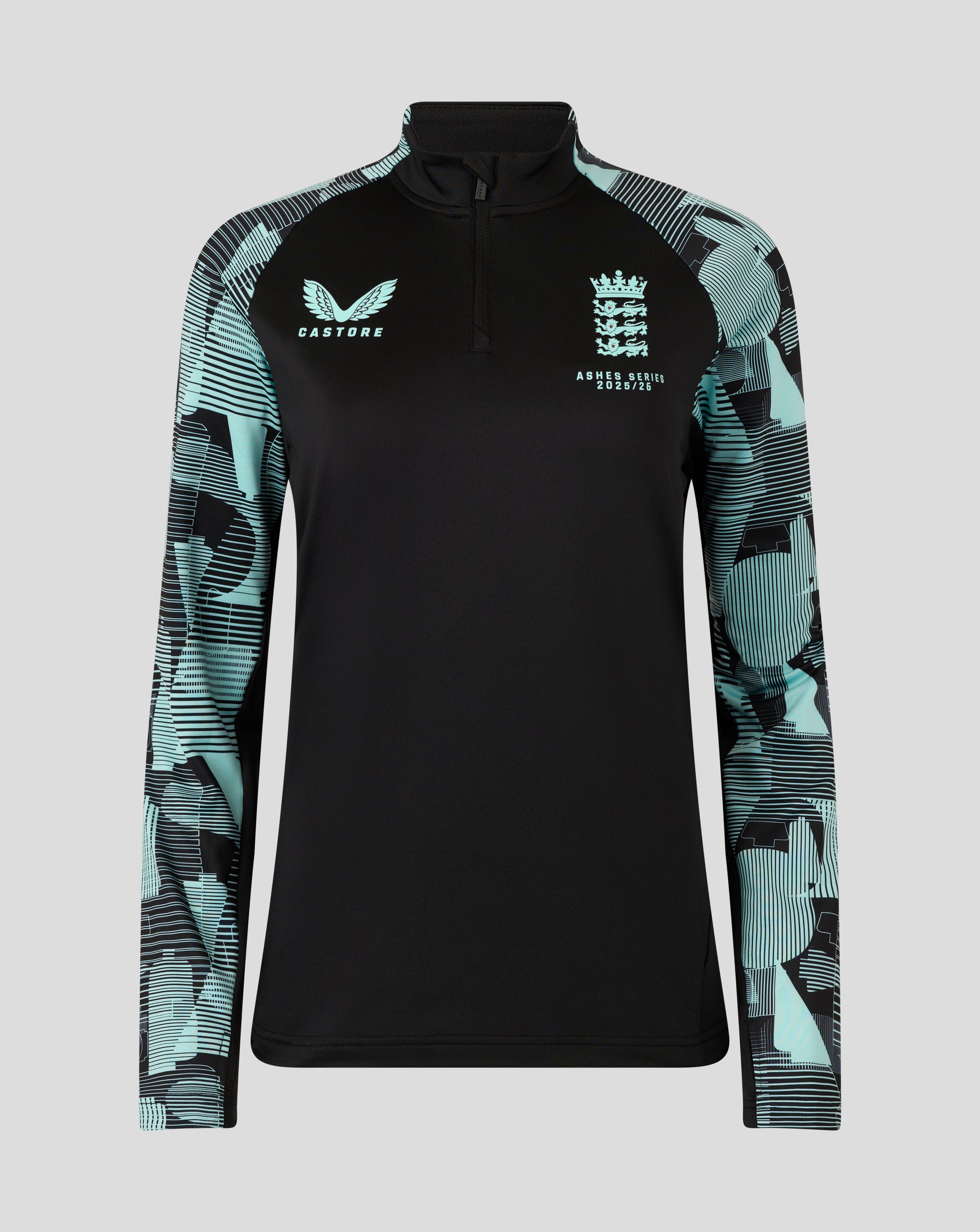 England Ashes Women's 25/26 pro quarter zip training top in black with teal patterned sleeves and crest