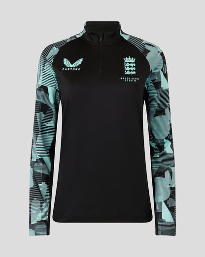 England Ashes Women's 25/26 pro quarter zip training top in black with teal patterned sleeves and crest