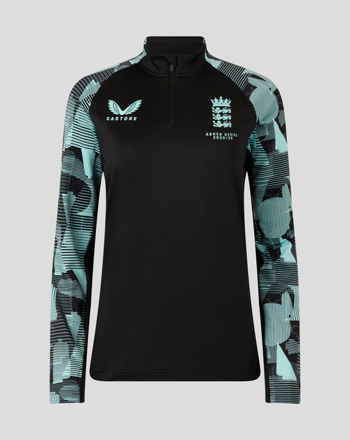 England Ashes Women's 25/26 pro quarter zip training top in black with teal patterned sleeves and crest