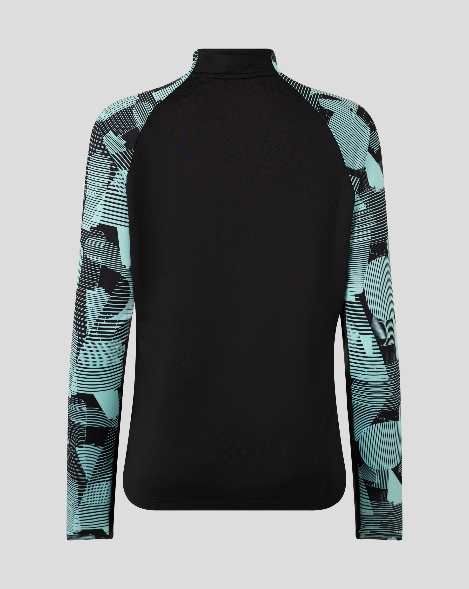 Back view of England Ashes Women's 25/26 pro quarter zip training top showing black body and teal pattern sleeves