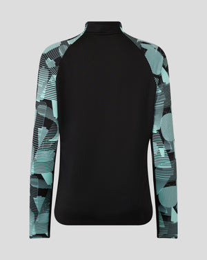 Back view of England Ashes Women's 25/26 pro quarter zip training top showing black body and teal pattern sleeves