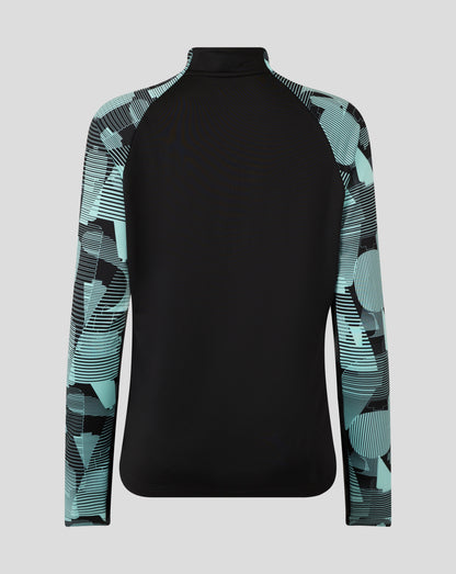 Back view of England Ashes Women's 25/26 pro quarter zip training top showing black body and teal pattern sleeves