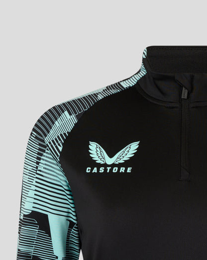 Shoulder and collar view of the black England Ashes Pro Quarter Zip Training Top with turquoise geometric sleeve design