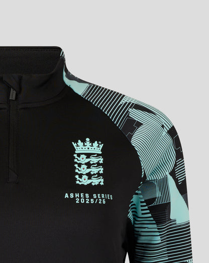 England Ashes Pro Quarter Zip Training Top in black with turquoise patterned sleeve and chest crest