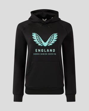 Front view of black England Ashes women's hoodie with teal wing logo and lettering