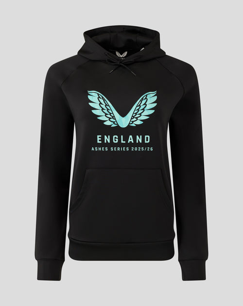 Front view of black England Ashes women's hoodie with teal wing logo and lettering