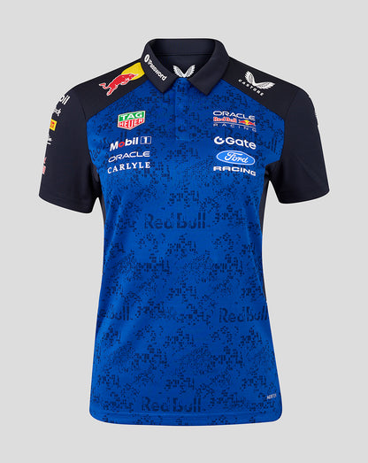 Front view of Oracle Red Bull Racing women's Teamline polo shirt in Night Sky blue with a navy collar and prominent branding.