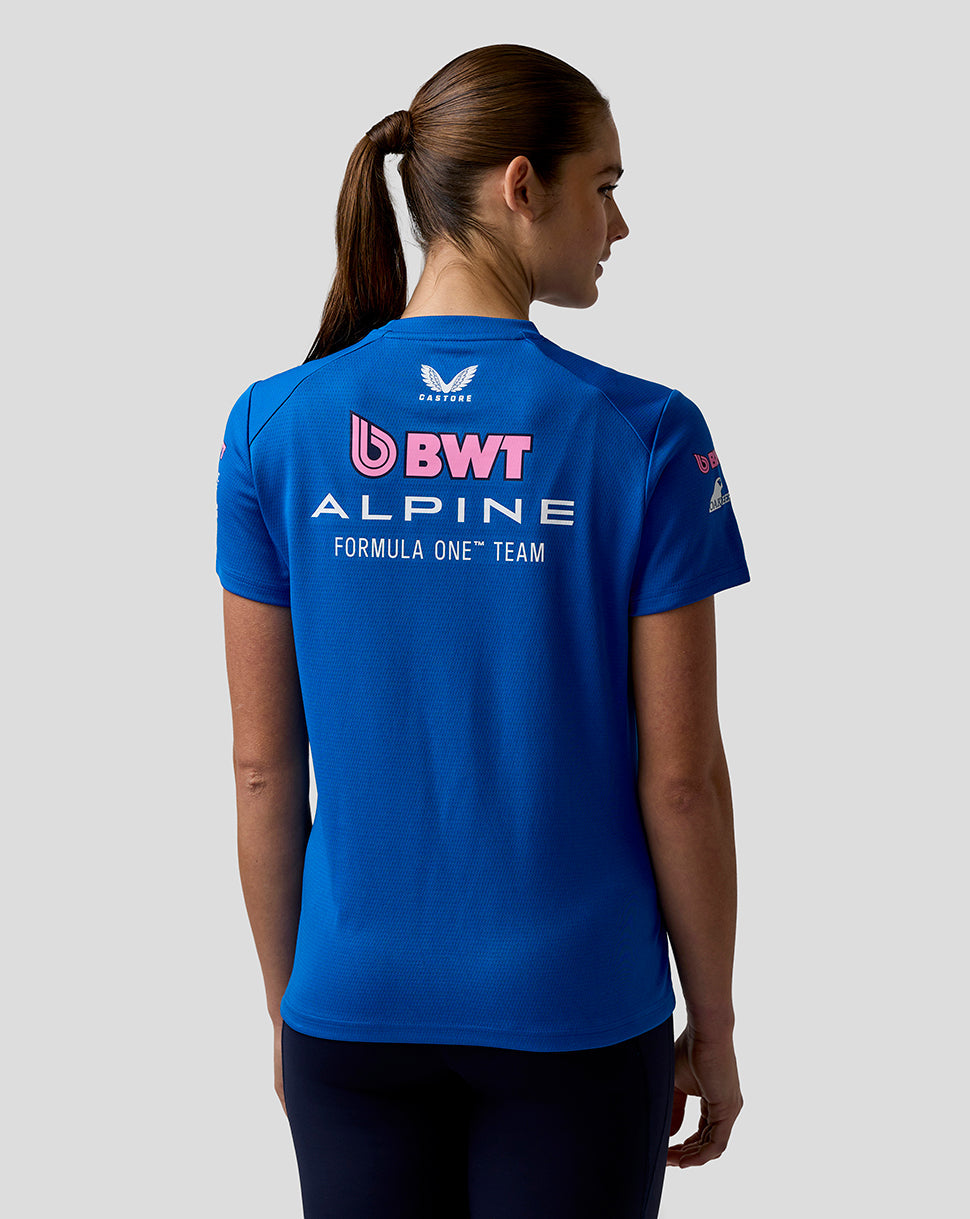 Person wearing a blue Formula One team shirt with visible branding on a gray background