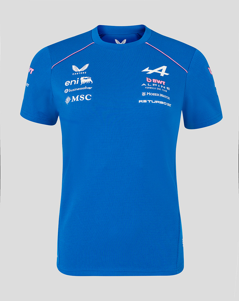 Blue women's BWT Alpine Formula One Team Set Up T shirt with pink shoulder piping, crew neck, short sleeves and sponsor logos