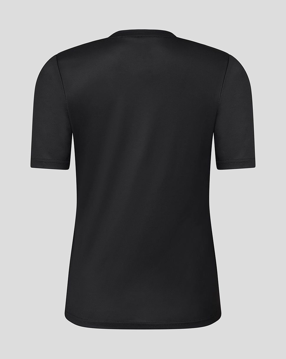 Back view of black Leicester Tigers women's 25/26 warm up T-shirt.