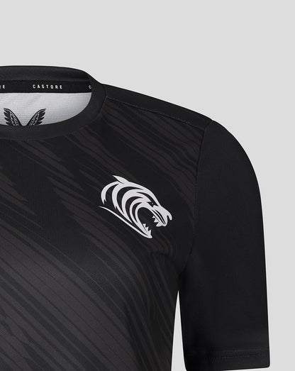 Front close-up of Leicester Tigers women's 25/26 warm up T-shirt in black with a white tiger head logo and diagonal pattern.