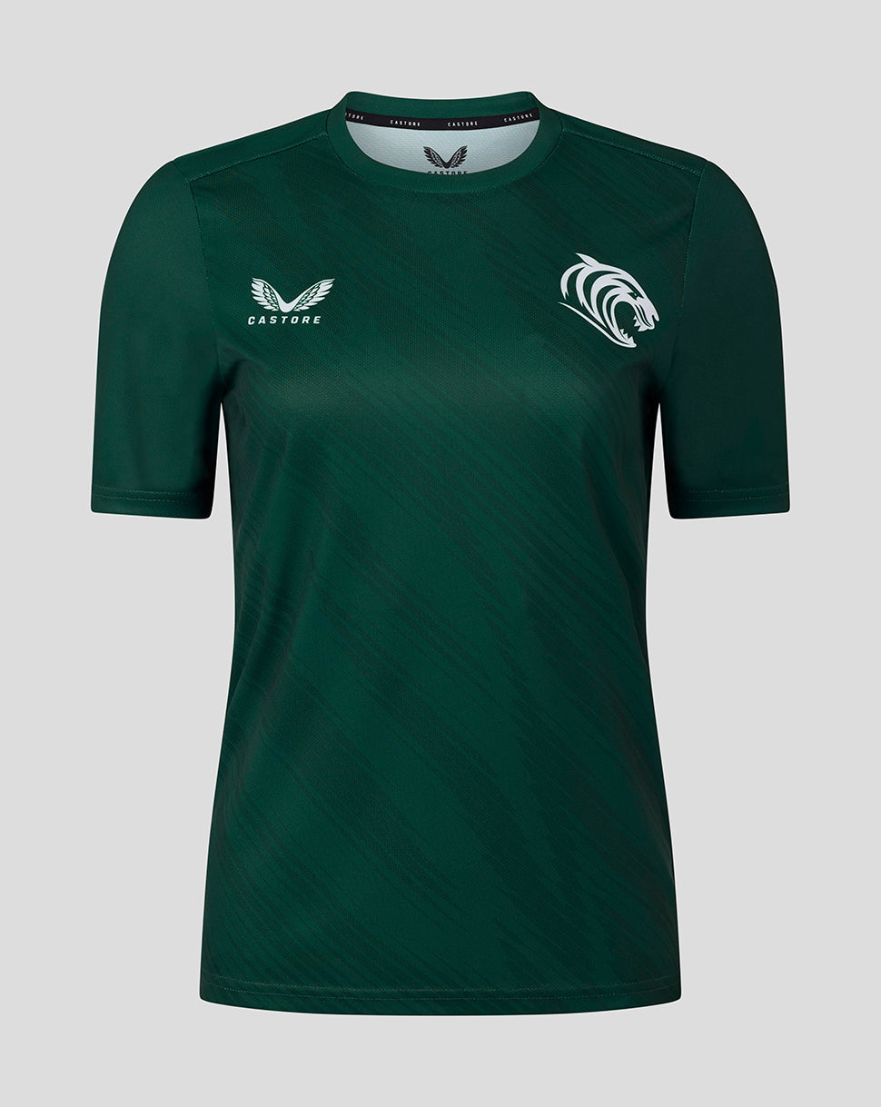 Front view of a dark green Leicester Tigers women's warm up T-shirt with Castore logo on the left and tiger crest on the right