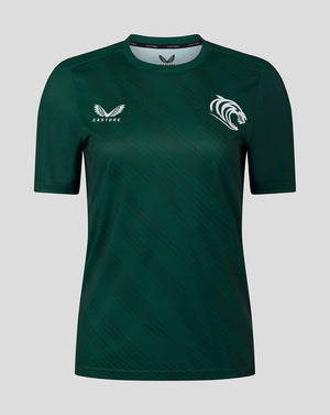 Front view of a dark green Leicester Tigers women's warm up T-shirt with Castore logo on the left and tiger crest on the right