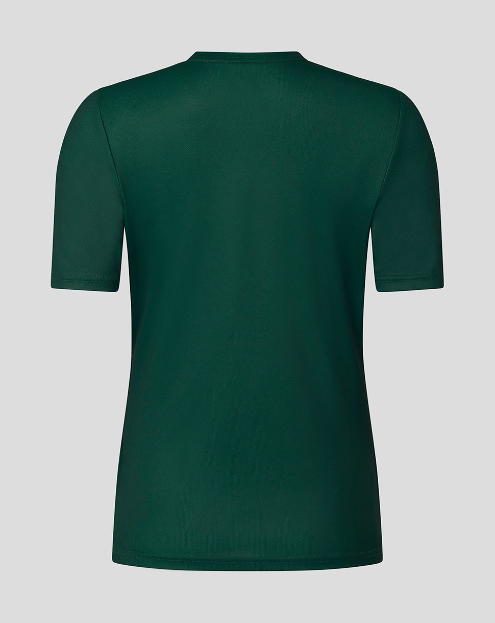 Back view of dark green Leicester Tigers women's 25/26 warm up T shirt with short sleeves