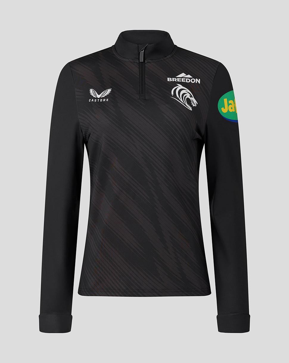 Women's black training top with diagonal pattern and sponsor logos on chest and sleeve including a Jaffa patch