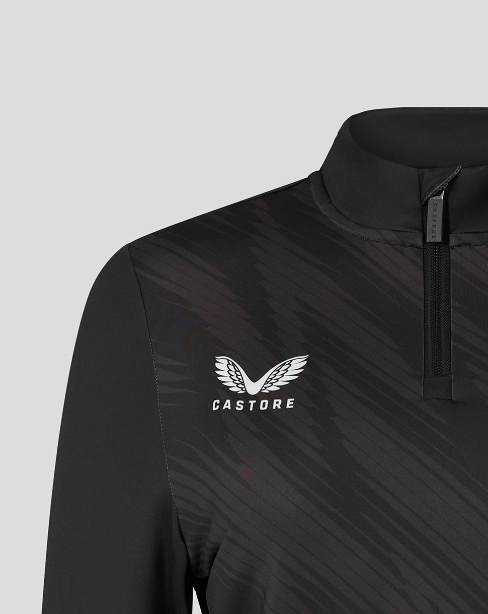 Black Leicester Tigers Women's 25/26 Training Quarter Zip with diagonal pattern and Castore logo on the chest