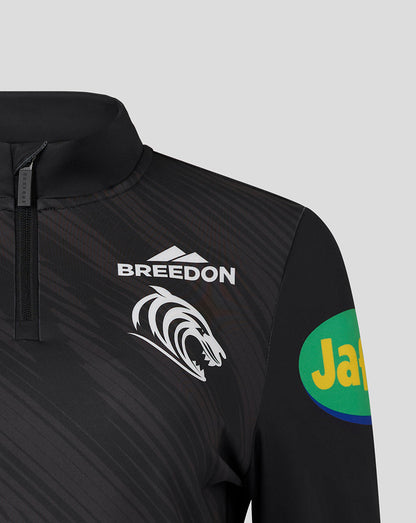 Front view of the black Leicester Tigers Women's 25/26 Training Quarter Zip showing Breedon logo and tiger emblem