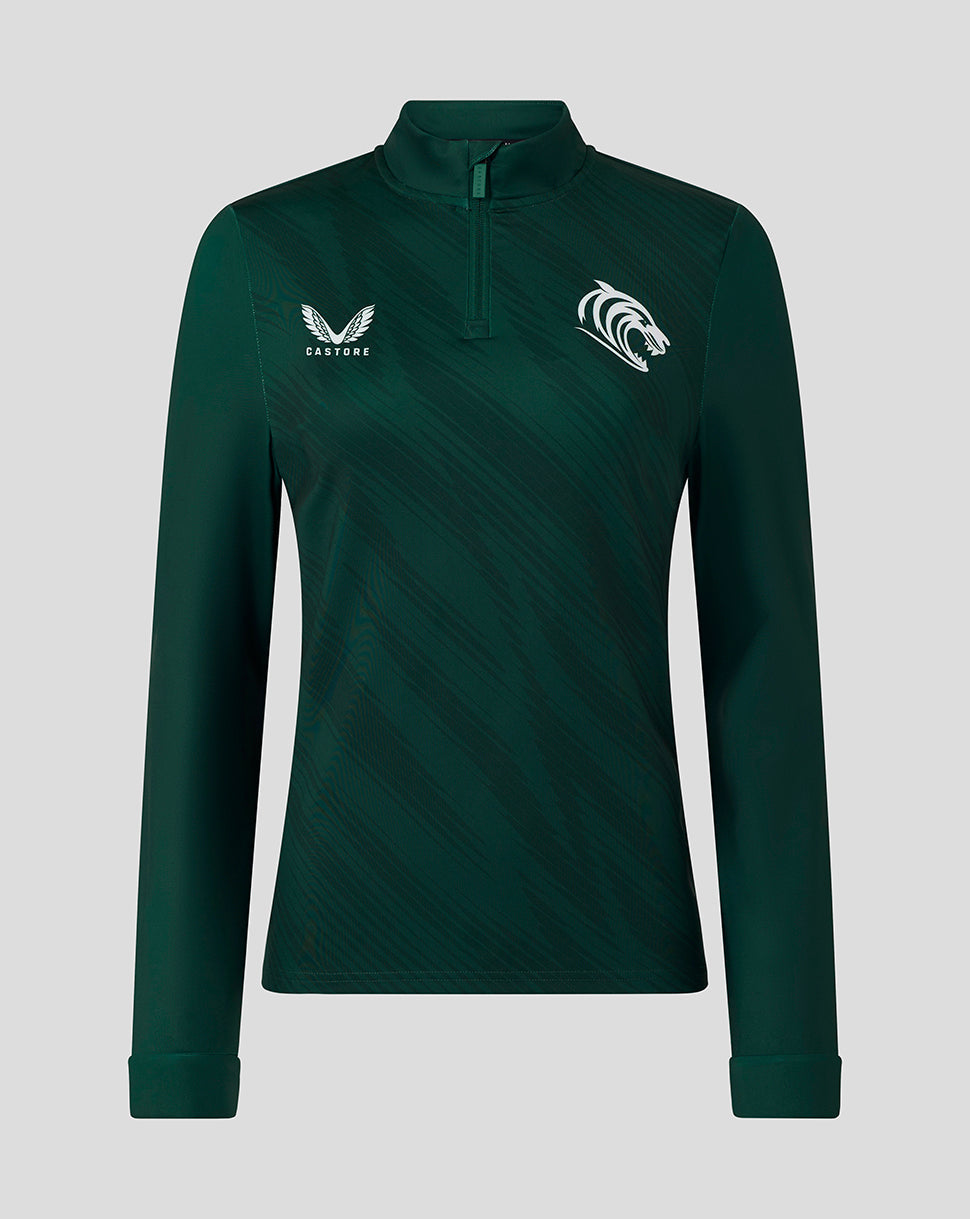 Front view of dark green Leicester Tigers training quarter zip with white team crest on left chest and Castore logo.