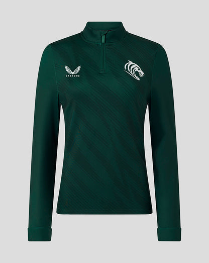 Front view of dark green Leicester Tigers training quarter zip with white team crest on left chest and Castore logo.