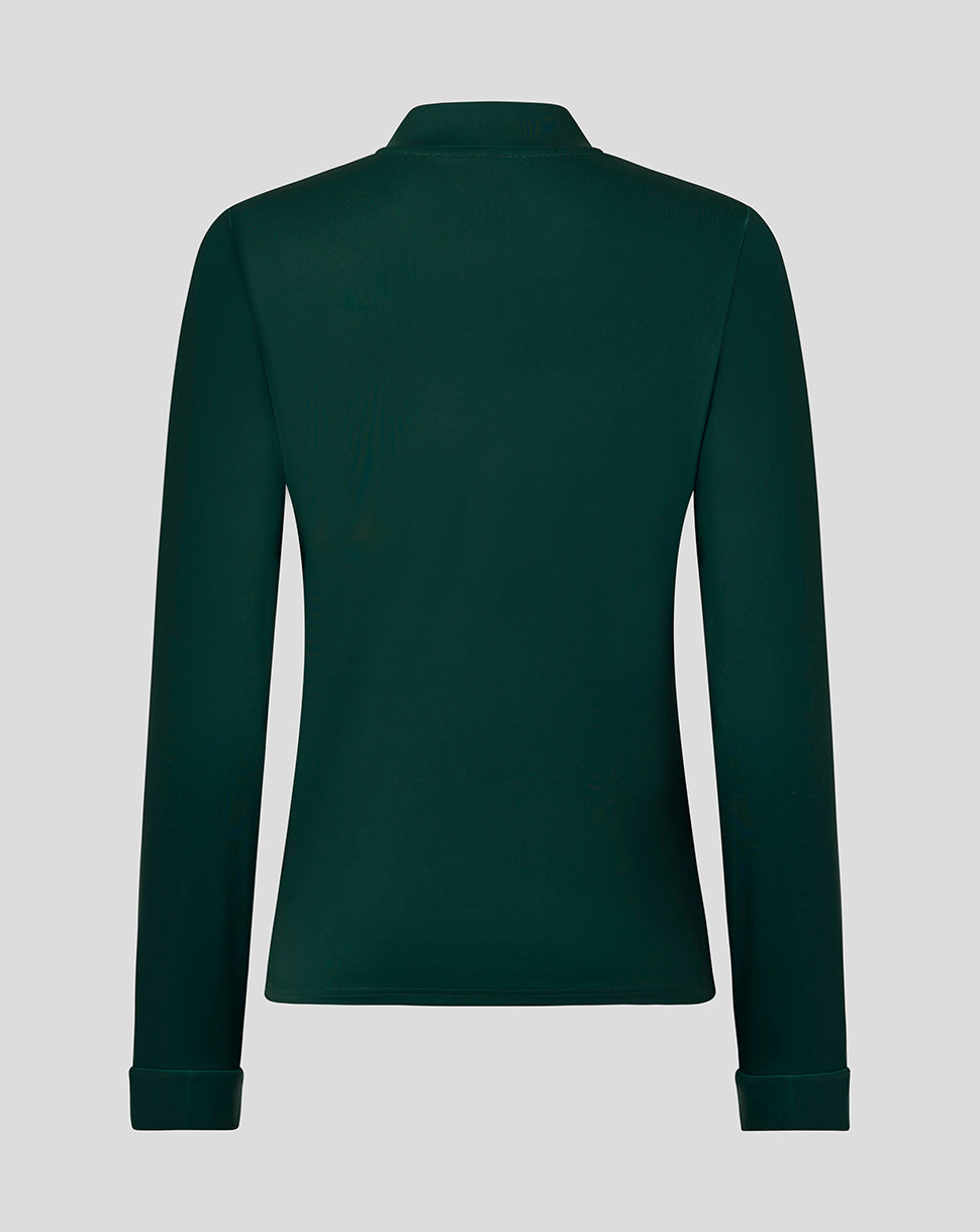 Back view of dark green Leicester Tigers training quarter zip with a standing collar.
