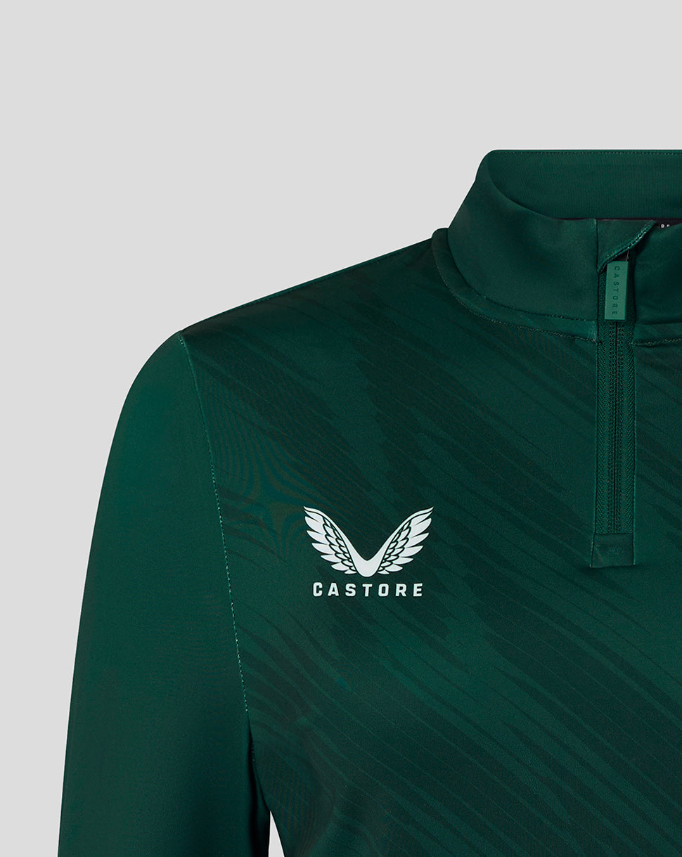 Close up of chest showing Castore logo and diagonal pattern on dark green training quarter zip with zipper pull.