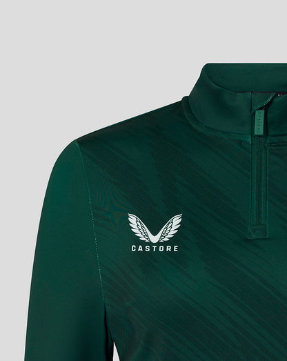 Close up of chest showing Castore logo and diagonal pattern on dark green training quarter zip with zipper pull.