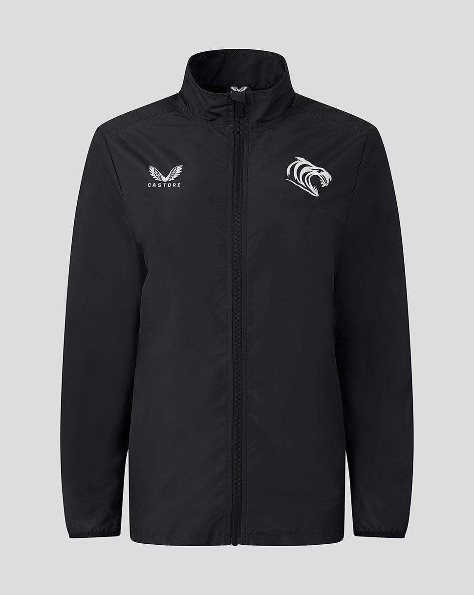 Black Leicester Tigers women's woven pre match jacket with tiger head crest and Castore logo.