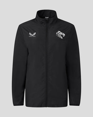 Black Leicester Tigers women's woven pre match jacket with tiger head crest and Castore logo.