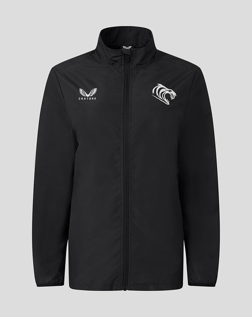 Black Leicester Tigers women's woven pre match jacket with tiger head crest and Castore logo.