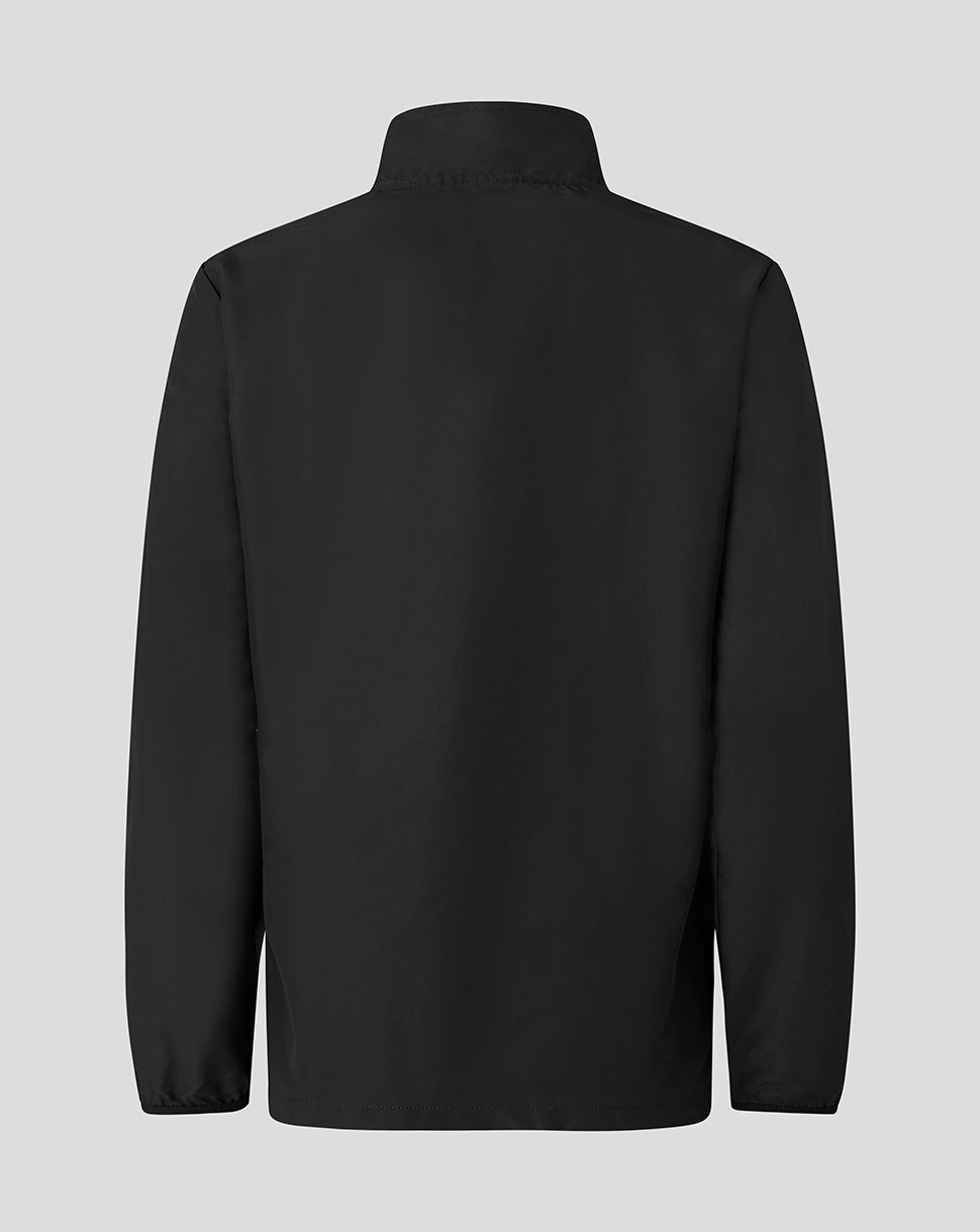 Back view of black woven pre match jacket with stand collar