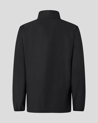 Back view of black woven pre match jacket with stand collar