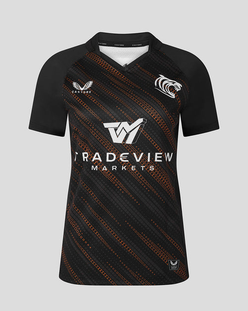 Front view of Leicester Tigers 25/26 Warm Up Jersey in black with orange diagonal pattern and white tiger crest.