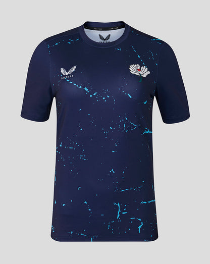 Navy peacoat short sleeve performance T-shirt with blue splash pattern, Castore wings logo and White Rose crest on chest