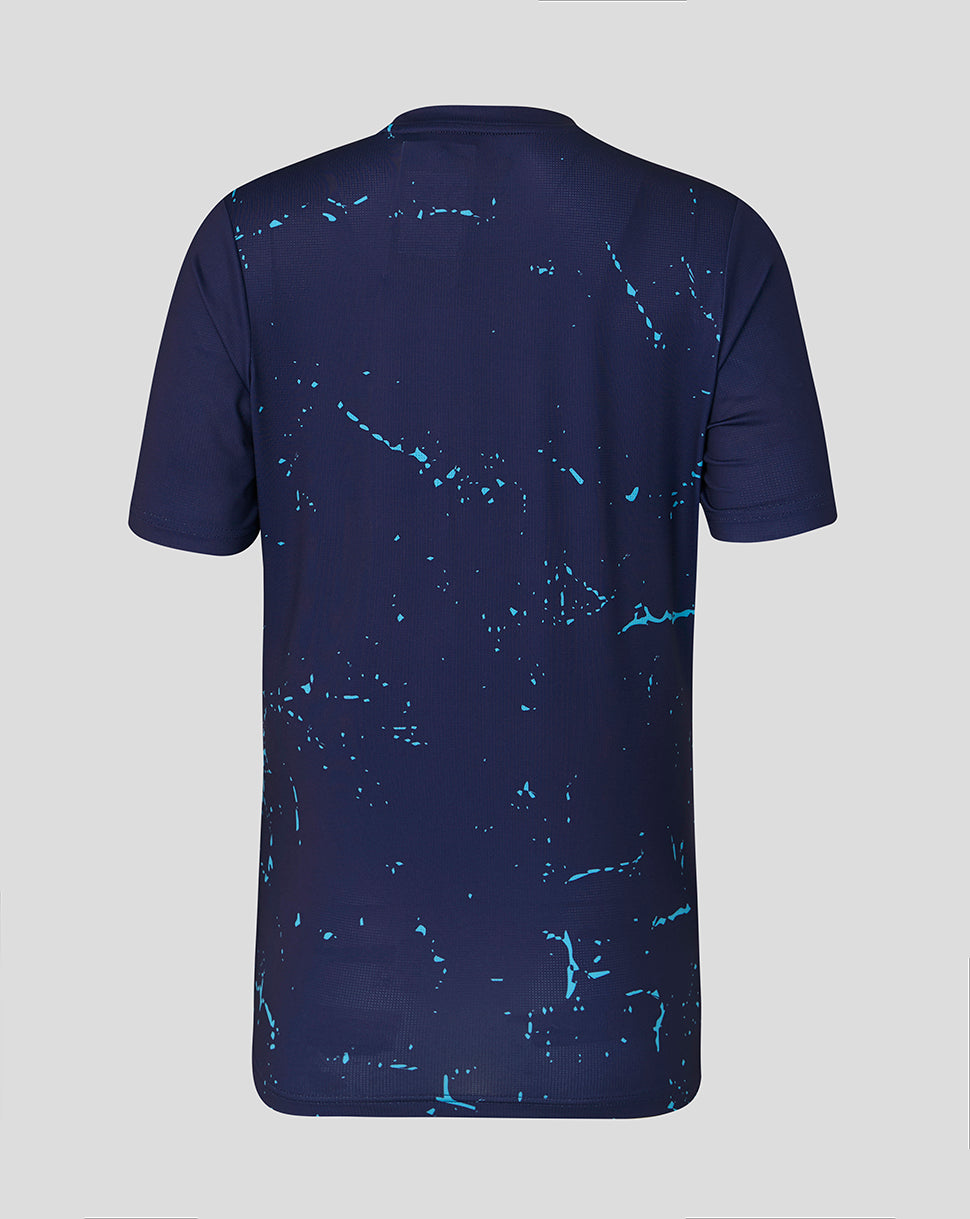 Back view of navy peacoat short sleeve performance T-shirt with blue splash pattern