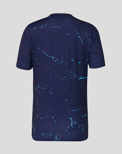 Back view of navy peacoat short sleeve performance T-shirt with blue splash pattern