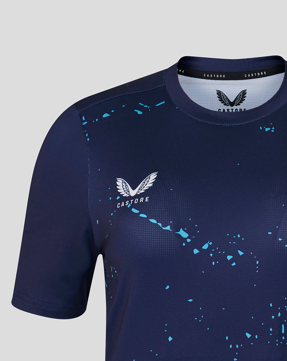 Navy Yorkshire Cricket Women's 26/27 short sleeve performance T shirt with White Rose crest and Castore wings on the chest