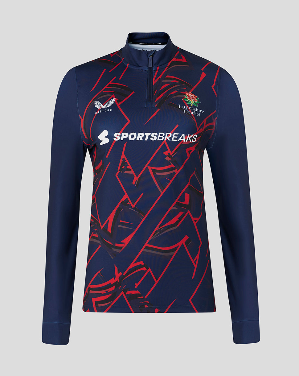 Front view of Lancashire Cricket women's 26/27 performance quarter zip in peacoat with red geometric pattern and Lancashire crest